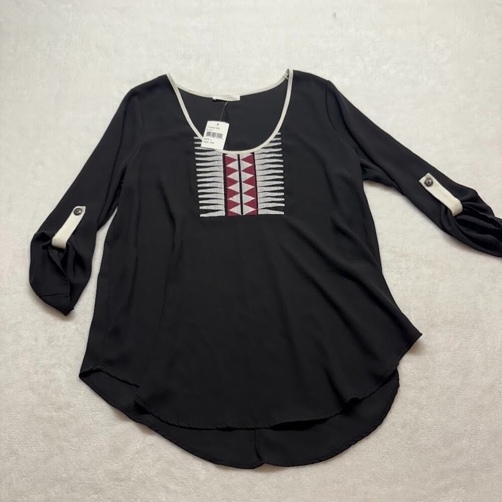 Lush Brand Womens Embroidered 3/4 Sleeve Boho Festival Blouse Size L Black Red